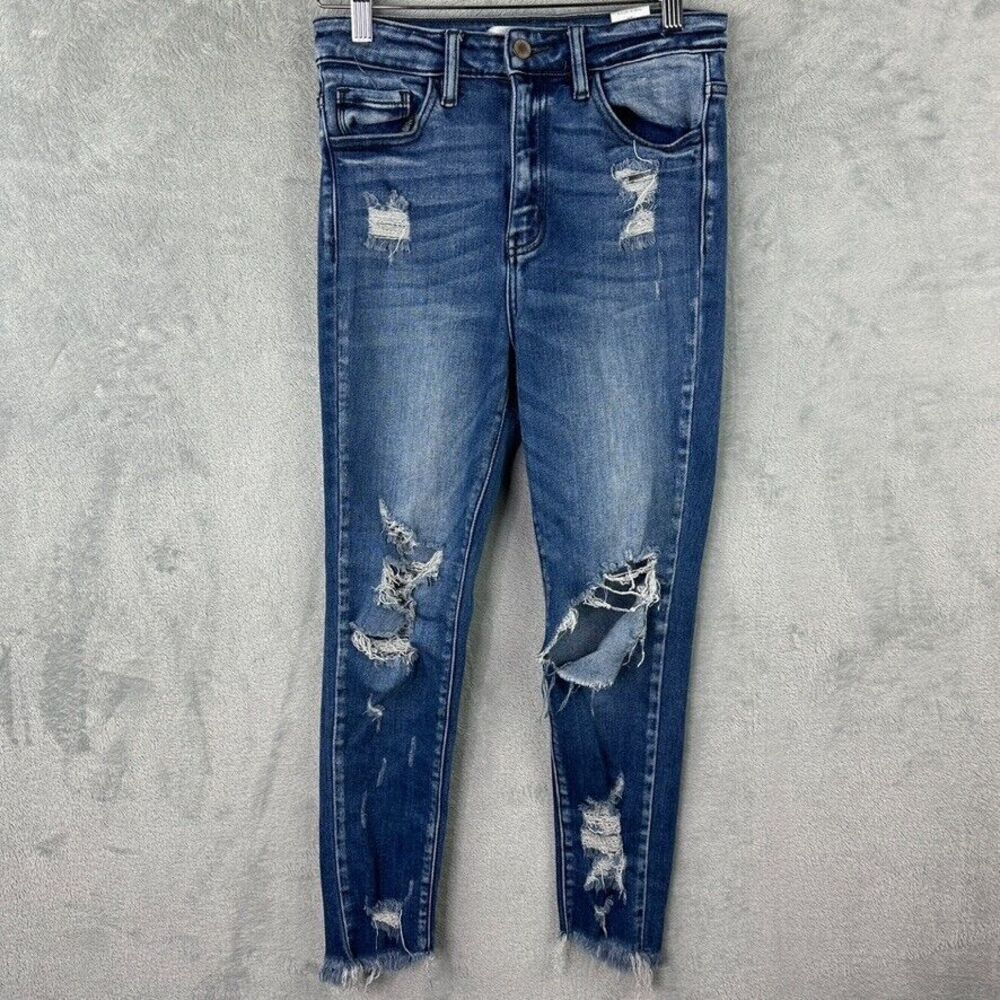 kancan jeans womens 26 frayed hem distressed blue stretch denim 26x25